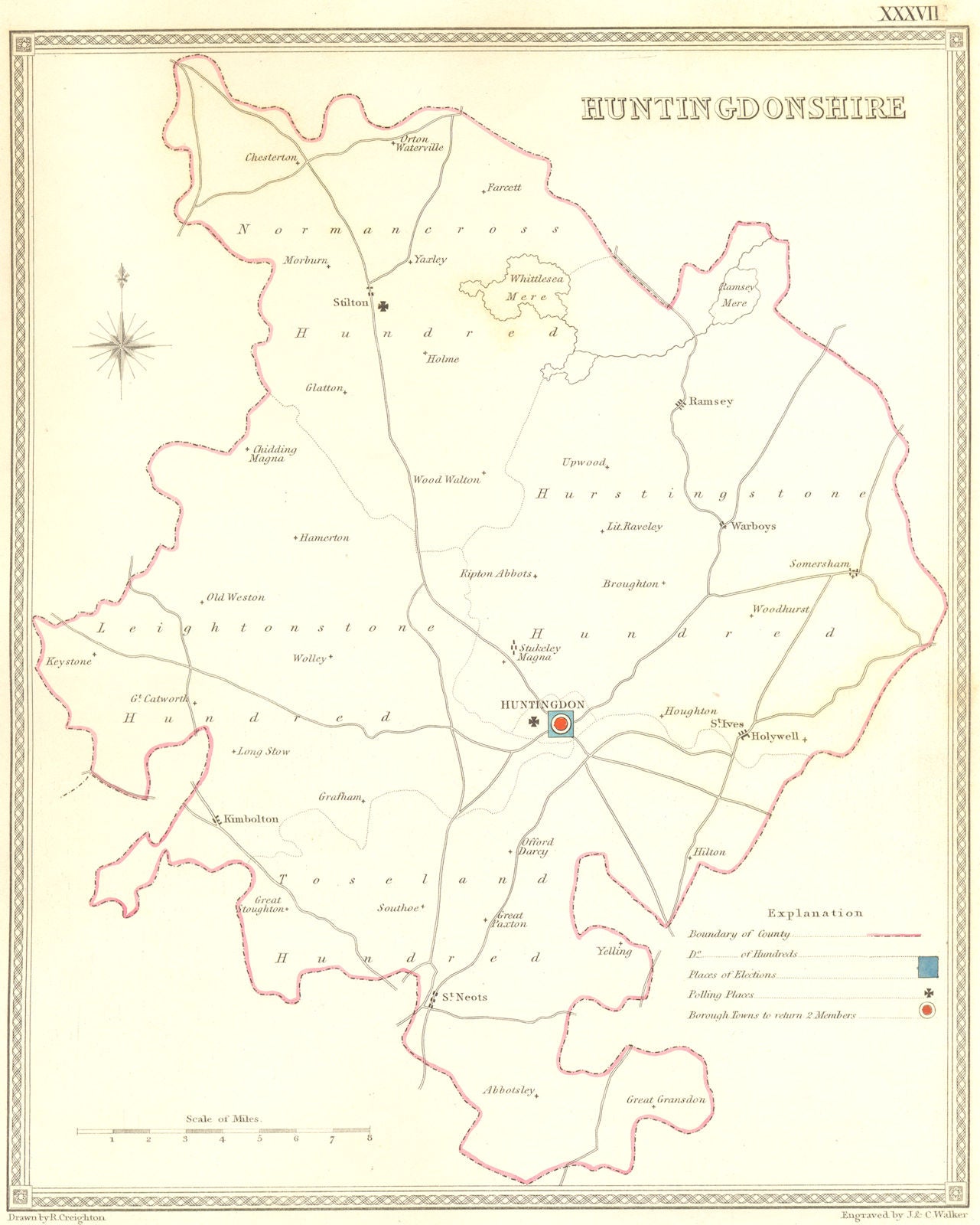 HUNTS. Huntingdonshire. Creighton Walker 1835 old antique map plan chart